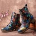 Socofy Women Retro Floral Printing Leather Comfy Chunky Heels Lace Up Mid  calf Boots