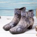 Socofy Women Retro Floral Printing Leather Square Toe Chunky Heels Ankle Booties