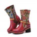 Socofy Women Retro Floral Printing Leather Soft Comfy Chunky Heels Mid  calf Boots