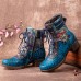 Socofy Women Retro Floral Printing Leather Comfy Lace Up Chunky Heels Mid  calf Boots