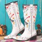 Women Floral Sweet Embroidery Leather Pointy  toe Chunky Heel Mid  calf Knight Boots