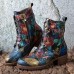 Socofy Women Retro Floral Printing Leather Comfy Chunky Heels Lace Up Mid  calf Boots